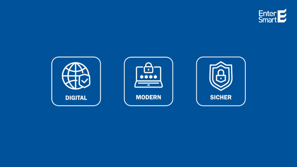 „Drei Icons mit den Begriffen Digital, Modern und Sicher auf blauem Hintergrund – Symbolik für sichere digitale Prozesse mit WELCOME.“