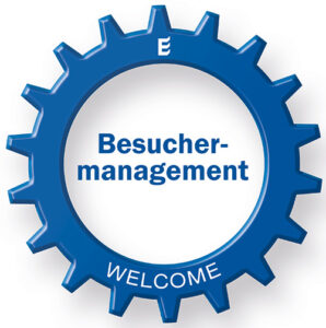 Zahnradgrafik mit der Aufschrift „Besuchermanagement“ – Teil der WELCOME Plattform für digitale Besucherprozesse.