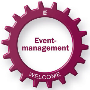 Zahnradgrafik mit der Aufschrift „Eventmanagement“ – WELCOME Modul für die digitale Managen von Veranstaltungen.