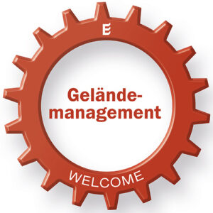 Zahnradgrafik mit der Aufschrift „Geländemanagement“ – WELCOME Modul zur Verwaltung von Gelände- und Sicherheitszonen.