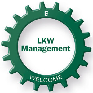 Zahnradgrafik mit der Aufschrift „LKW Management“ – Modul der WELCOME Lösung zur digitalen Steuerung von LKW-Zufahrten.