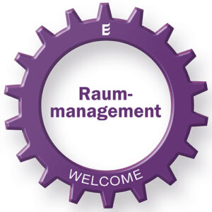 Zahnradgrafik mit der Aufschrift „Raummanagement“ – Bestandteil der WELCOME Plattform zur Buchung und Verwaltung von Besprechungsräumen.
