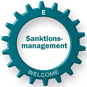Zahnradgrafik mit der Aufschrift „Sanktionsmanagement“ – Modul der WELCOME Plattform zur Einhaltung gesetzlicher Vorschriften.